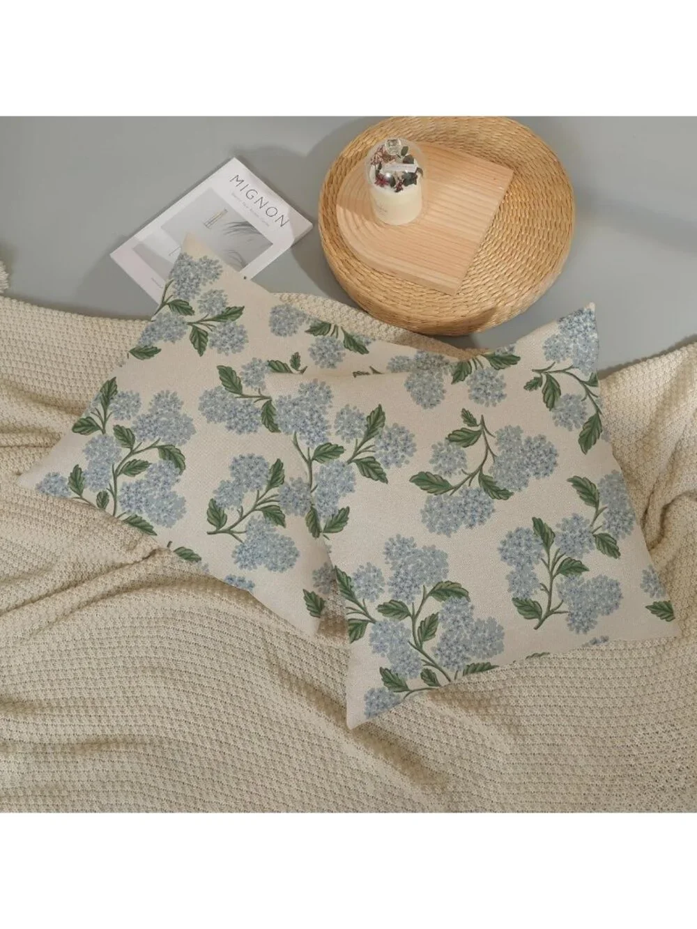 Vintage Floral Spring Pillow Covers 18x18 - Blue Green Hydrangea Cushion Set